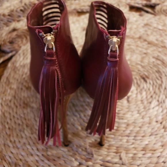 Peeptoe Oxblood Bootie Tassel Platform Heels - Picture 5 of 8